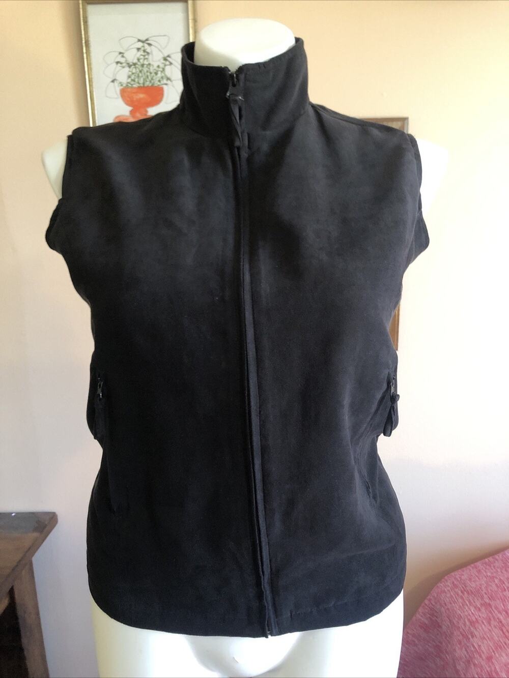 Tres Bien Vest Small Full Zip Soft Lined Lightweight Mock Neck Zip Pockets Black
